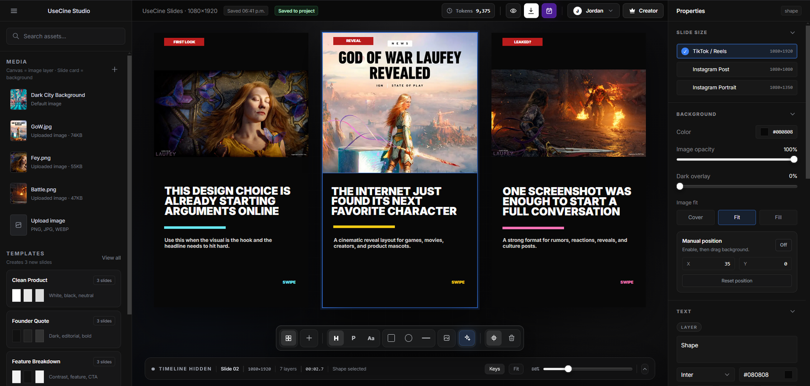 Cine browser slide editor interface with canvas, timeline, media panel, layers, and editing controls
